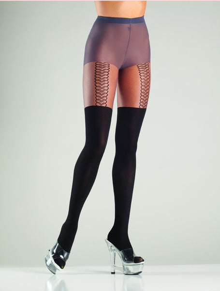 Sheer mock suspender pantyhose